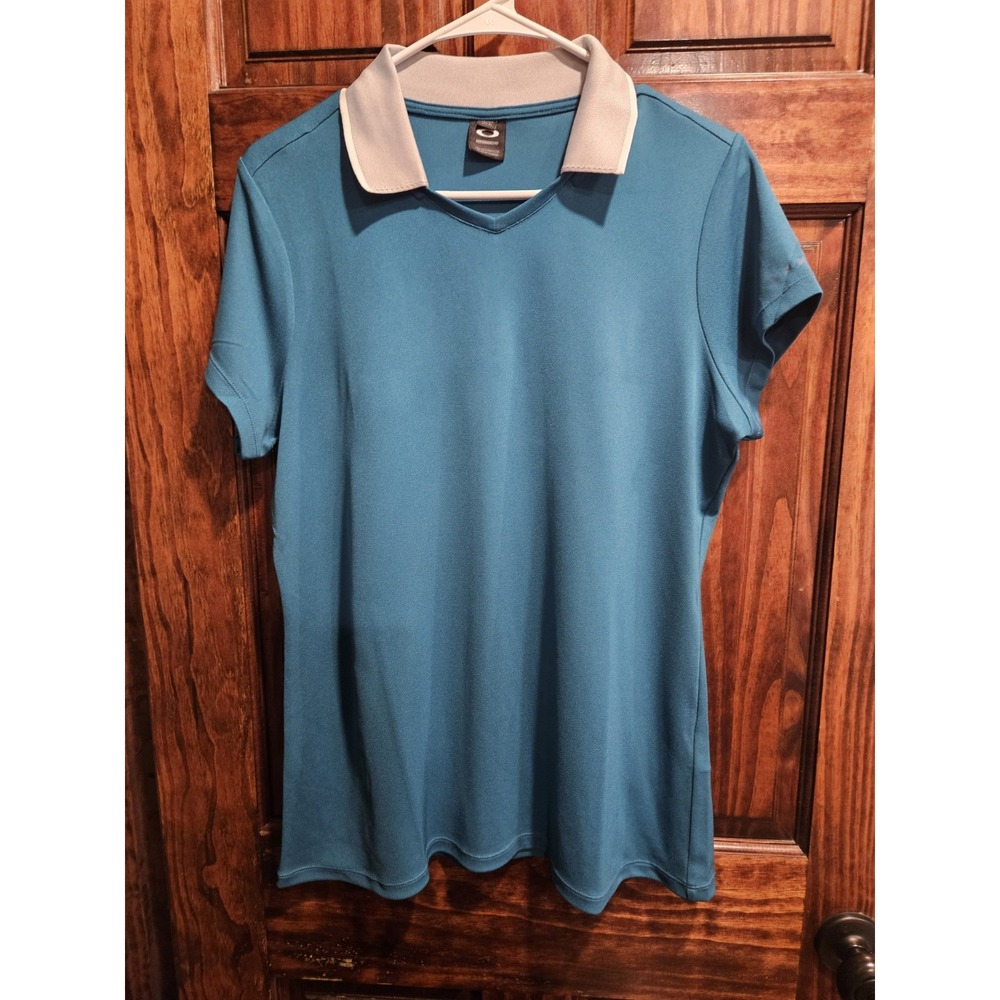 Oakley Women Large Tennis Golf Performance Fit Shirt Collared V Neck Teal Blue
